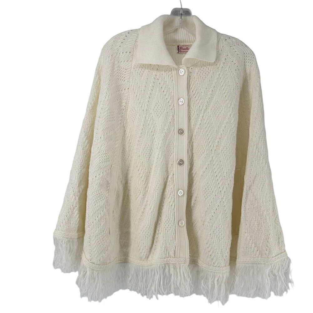 Bradley Vintage Cape Sweater Cream Knit Fringe Womens Bohemian Festival Collared